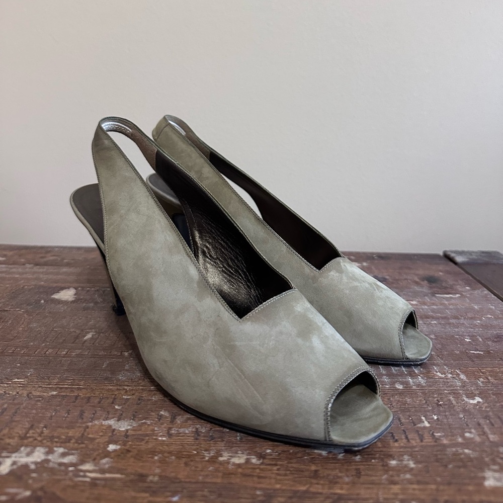 Vintage Petra Beige Suede Peep-toe Slingback Heels Womens Size 10